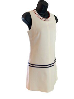 Dolce & Gabbana Cream Sleeveless Dress With Beaded Collar & Navy Stripe Trim